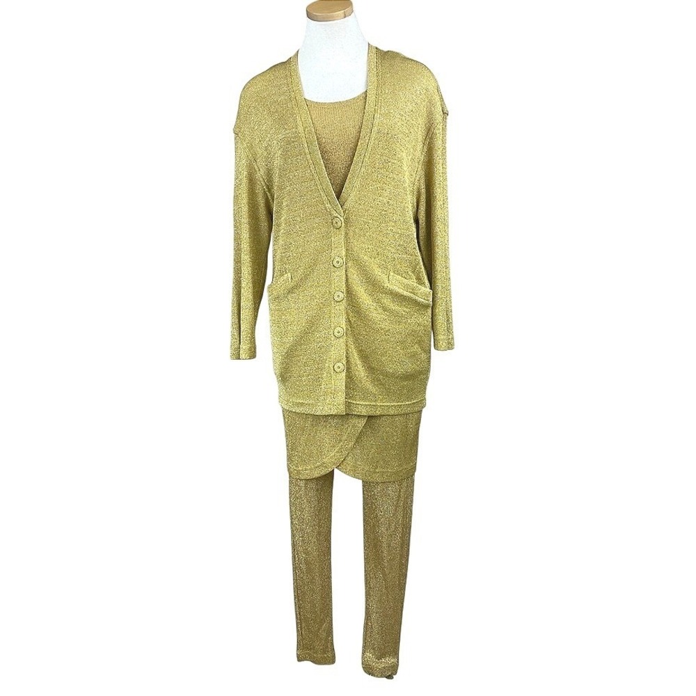 Vintage|Womens S/M Metallic Gold Pantsuit 4 PC Glam 90s Party Mobwife Bling USA